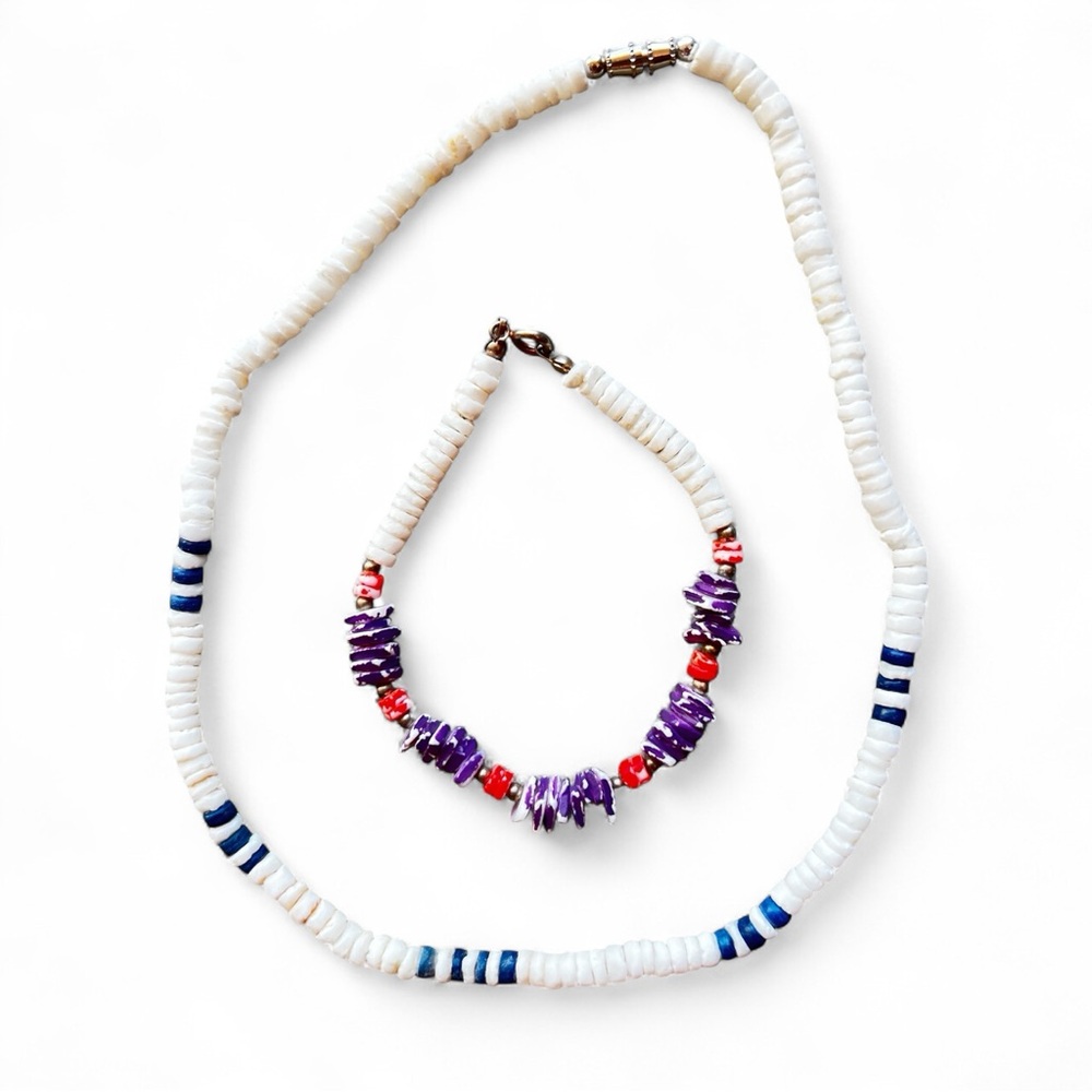 Heishi Shell & Seed Bead Choker Necklace & Bracelet Set Navy Purple Coral White